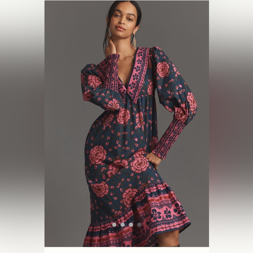 NWT Farm Rio x Anthropologie Puff-Sleeve V-Neck Midi Dress Sz Xl - Picture 5 of 7
